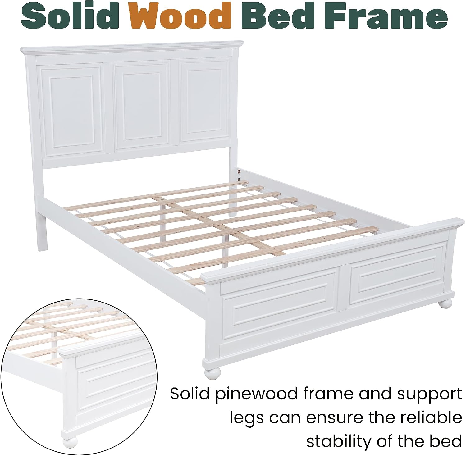 Mirightone Farmhouse Queen Bed Frame with Tall Headboard and Footboard, White Wood Bed Frames Queen with Under Bed Storage, Noise-Free, No Box Spring Needed, White