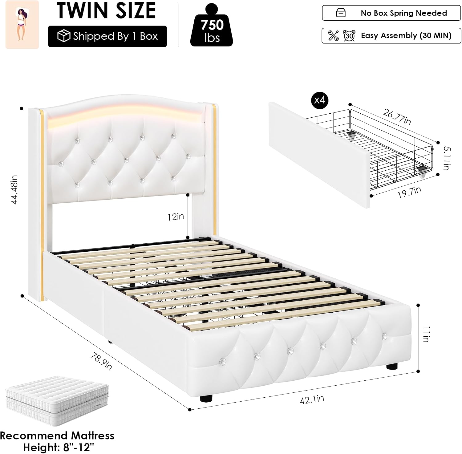 HIFIT Upholstered Twin LED Bed Frame with Crystal Button-Tufted Headboard & 4 Storage Drawer, Modern PU Princess Twin Size Platform Bed Frames for Kids/Girls, No Box Spring Needed/Easy Assembly, White