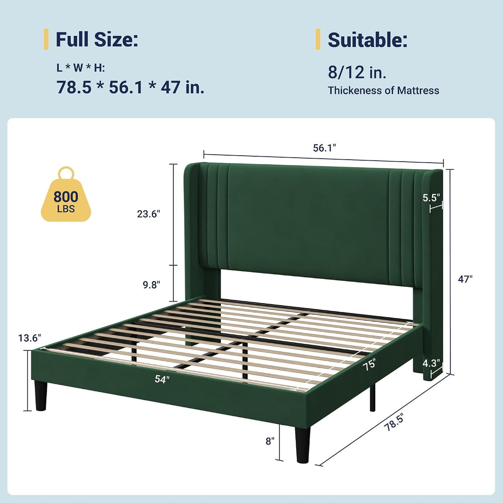 Allewie Full Size Velvet Platform Bed Frame with Vertical Tufted Wingback Headboard, Easy Assembly, Under Bed Storage, No Box Spring Required, Modern Style, Green