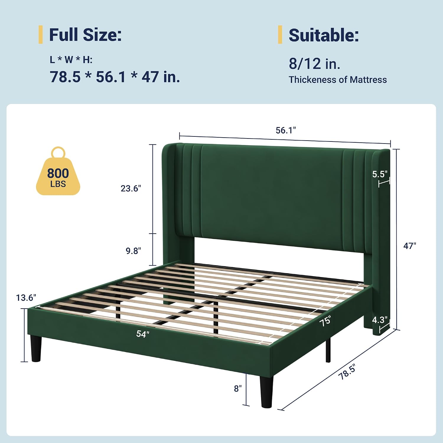 Allewie Full Size Velvet Platform Bed Frame with Vertical Tufted Wingback Headboard, Easy Assembly, Under Bed Storage, No Box Spring Required, Modern Style, Green