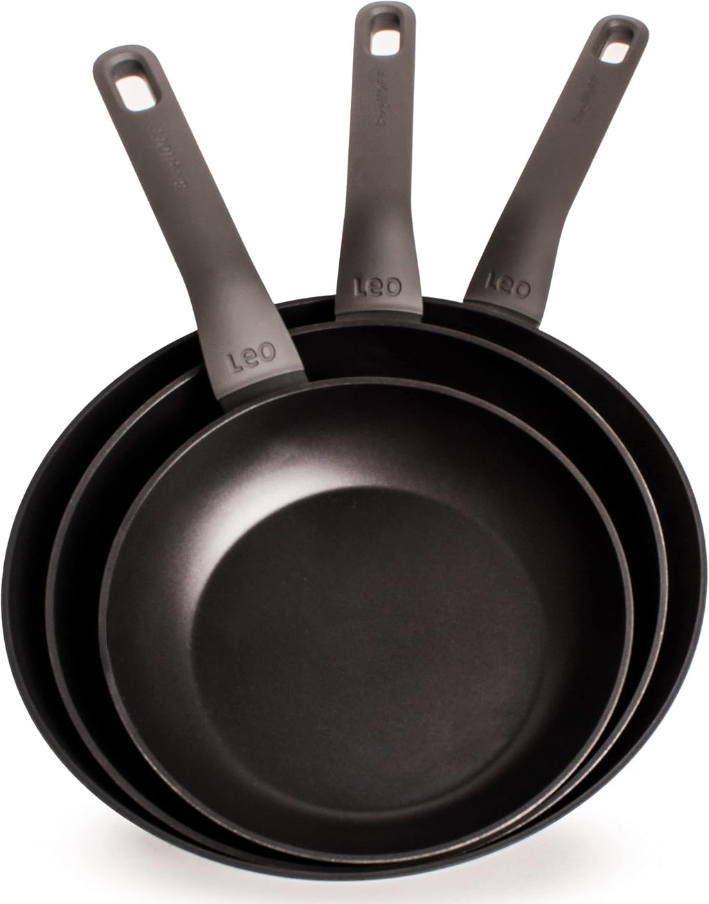 Berghoff LEO 3Pc Non-stick Frying Pan Set 8', 10', 11' Cast Aluminum Ferno-Green, PFOA Free Coating Soft-touch Stay-cool Handle Induction Cooktop Fast Heating, Dark Grey