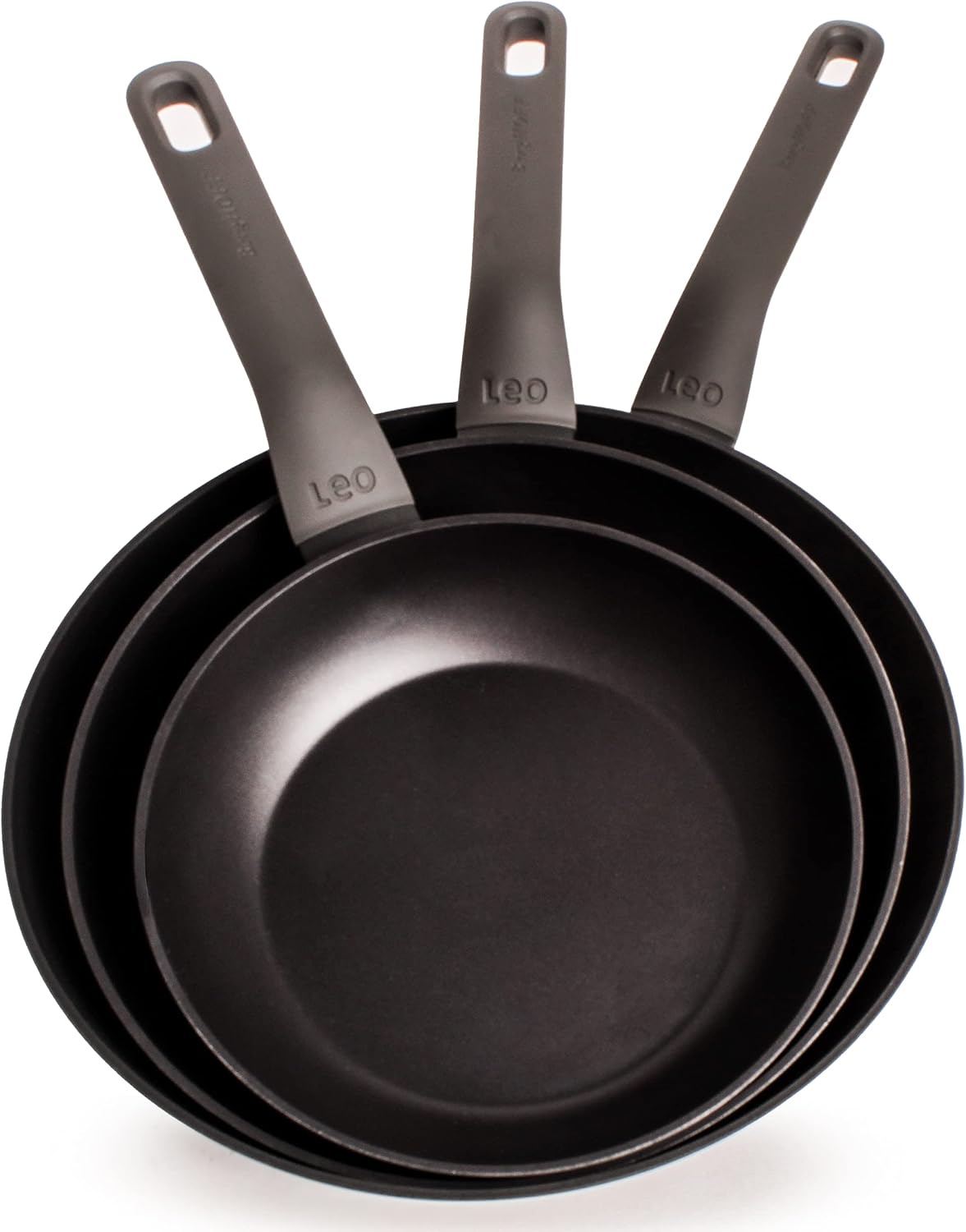 Berghoff LEO 3Pc Non-stick Frying Pan Set 8', 10', 11' Cast Aluminum Ferno-Green, PFOA Free Coating Soft-touch Stay-cool Handle Induction Cooktop Fast Heating, Dark Grey