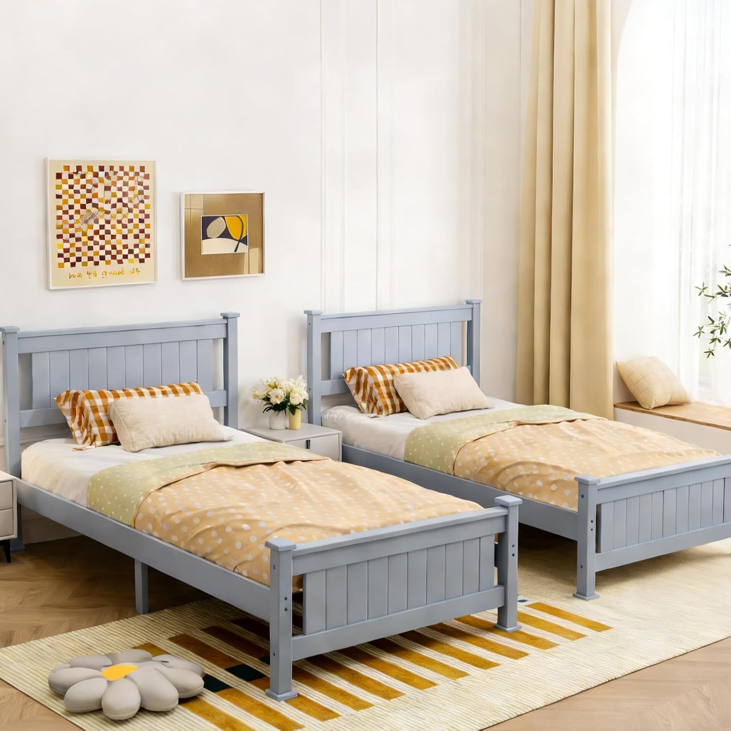 VINGLI Twin Size Set of 2 Solid Wood Bed with Headboard, Sturdy & Durable Construction,Modern Minimalist Panel Platform Bed with Strong Support for Kids,Adults & Guests,Sleigh Bed,Gray