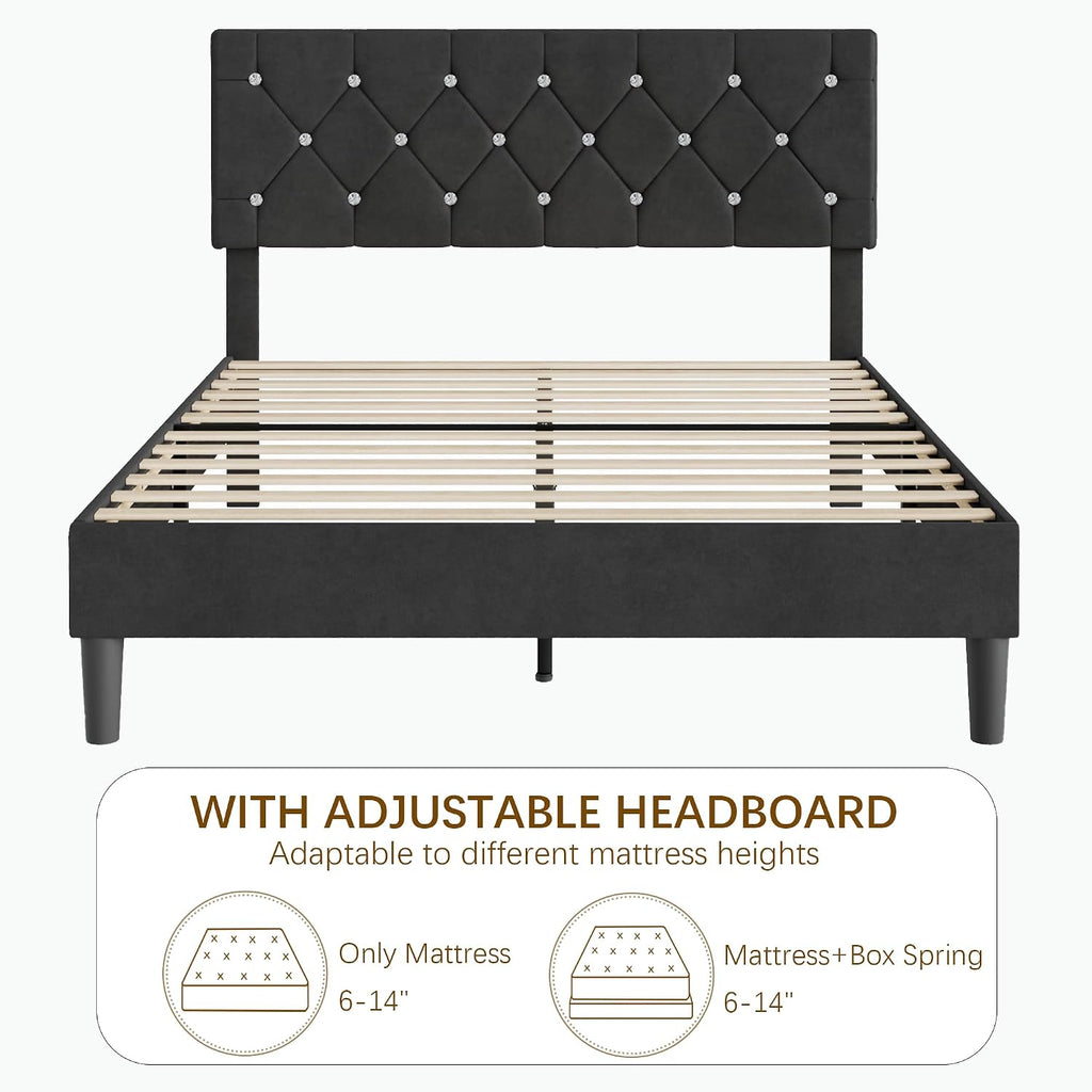 VECELO Queen Size Bed Frame, Upholstered Platform with Adjustable Diamond Tufted Headboard, Wood Slat Support, No Box Spring Needed, Velvet & Black