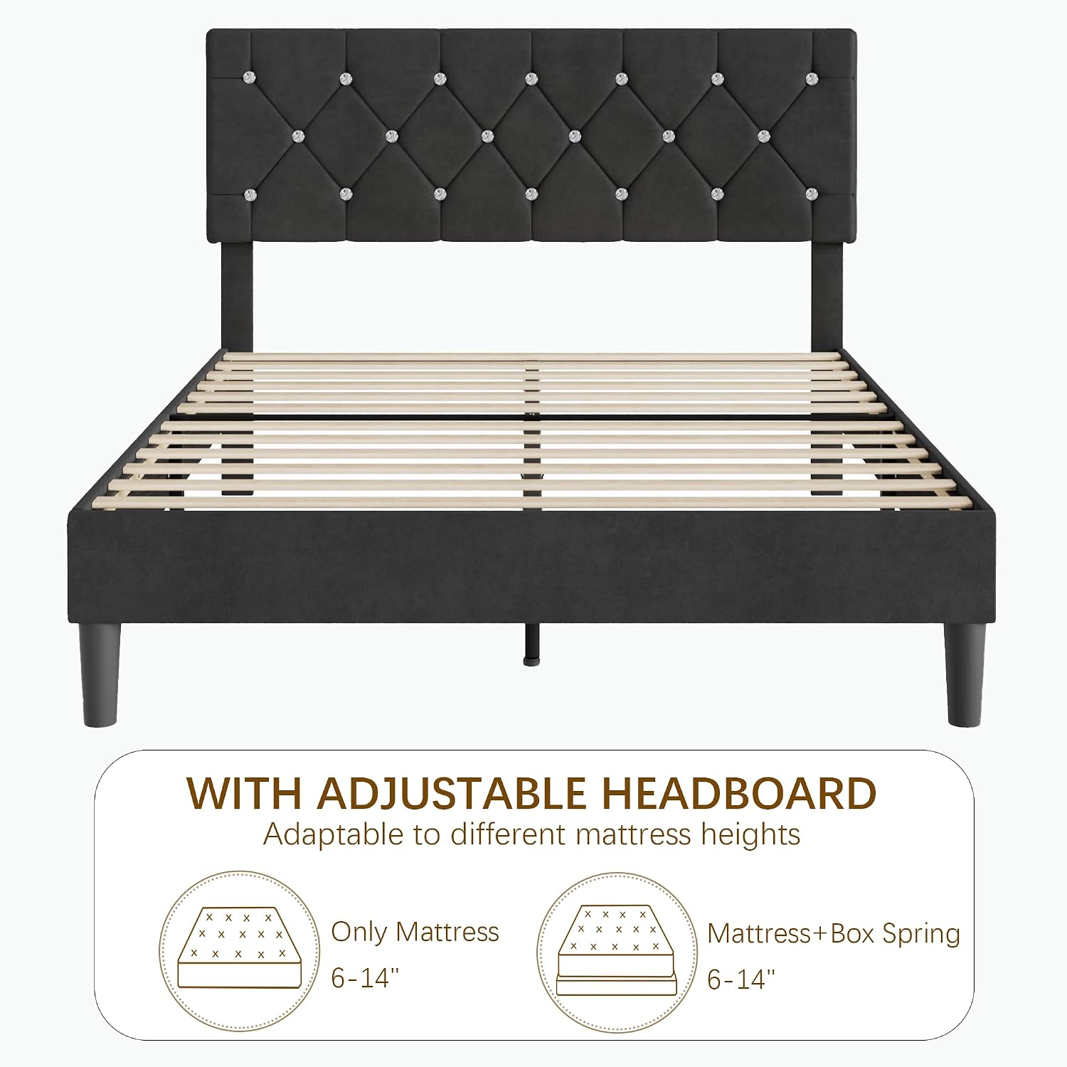 VECELO Queen Size Bed Frame, Upholstered Platform with Adjustable Diamond Tufted Headboard, Wood Slat Support, No Box Spring Needed, Velvet & Black