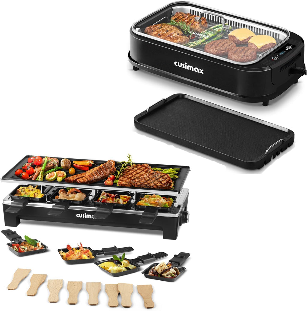 CUSIMAX Smokeless Indoor Grill with Tempered Glass Lid & 14.96' x 8.66' Aluminum Non-stick Stove Top Griddle Pan & 2 in 1 Raclette Table Grill
