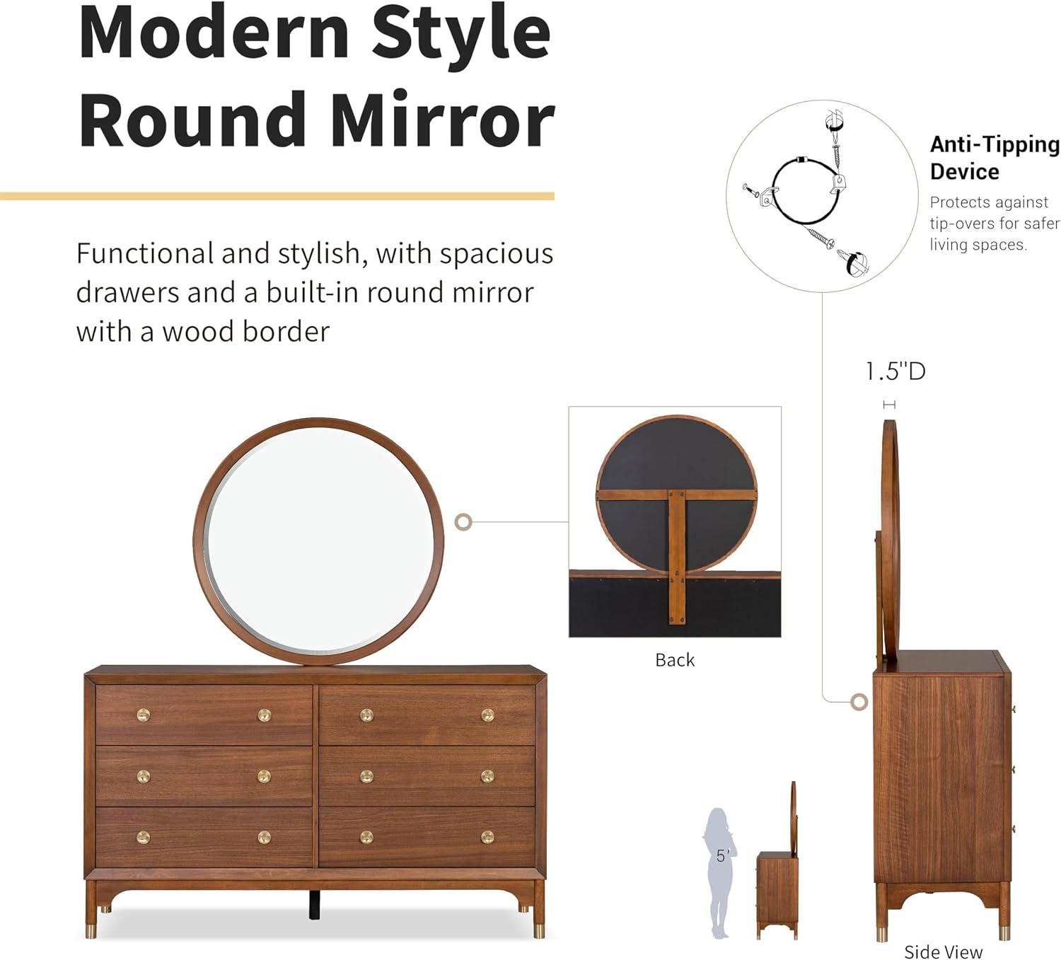 Furniture of America Forma Modern Solid Wood 4-Piece Bedroom Set with Upholstered Bed with LED Lights, Ball-Bearing Glide on Nightstand and Dresser with Mirror, No Box Spring Needed, Queen, Walnut