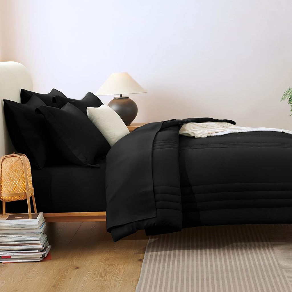 CozyLux Super King Plus Comforter Set Black - 7 Pieces Bed in a Bag, Modern Vertical Quilted Room Decor, Soft All-Season Bedding Gift with Comforter, Sheets, Pillowcases & Shams