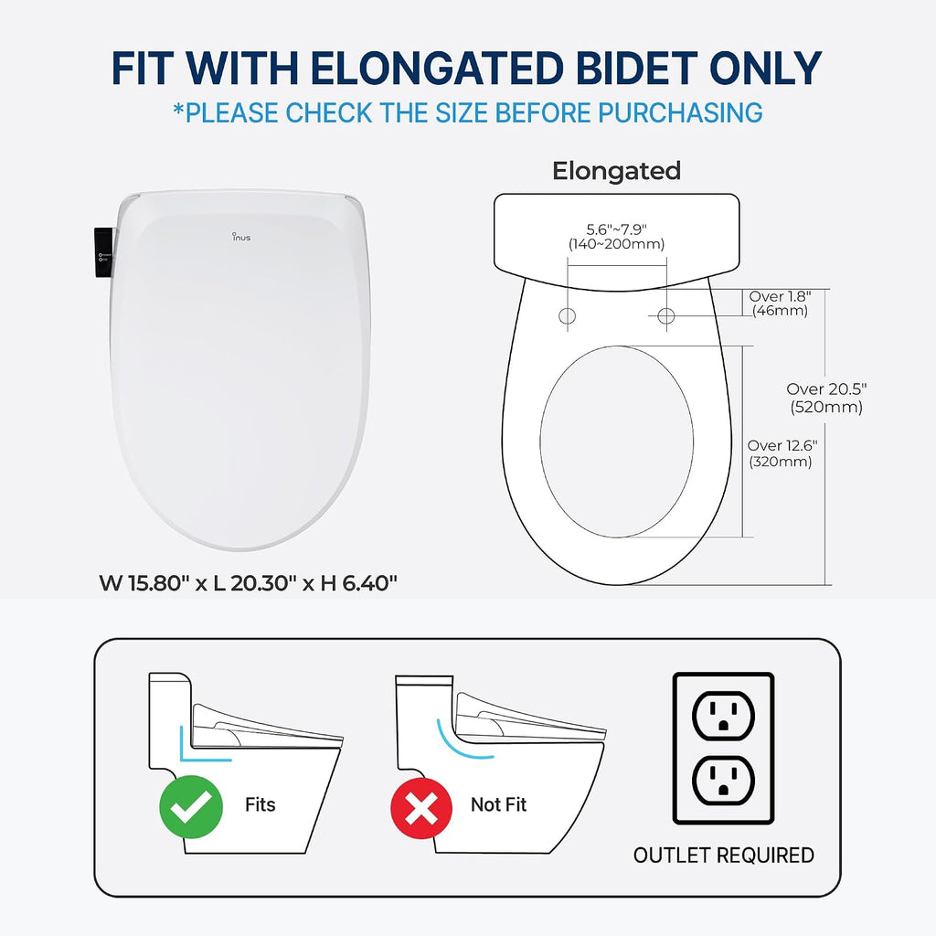 Inus R32 Electric Heated Bidet Toilet Seat Elongated, Warm Water, Smart Heated Water Luxury Bidet Toilet Seat with Remote Control, Night Light, Air Dryer, Tankless & Temperature Control, Easy Removal
