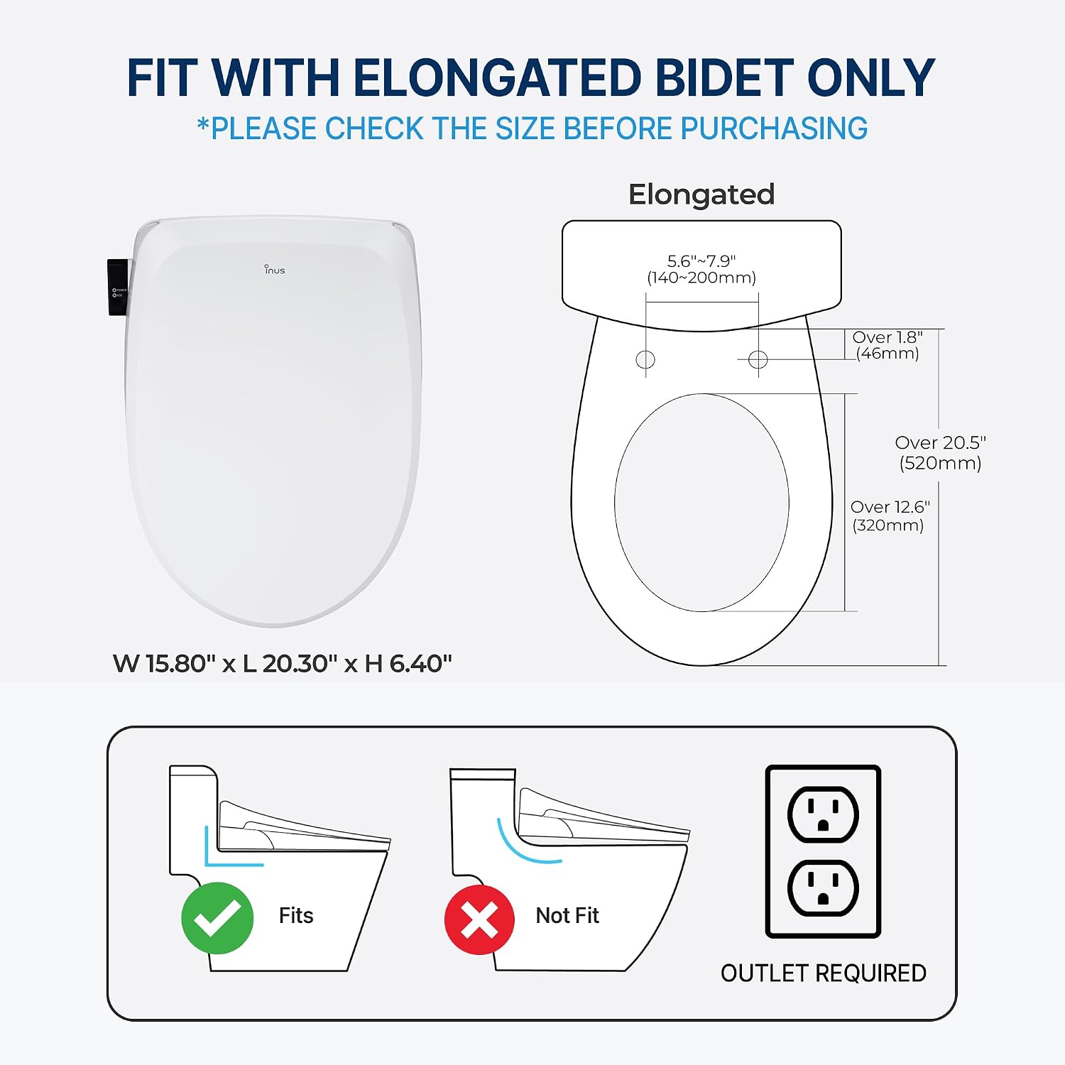 Inus R32 Electric Heated Bidet Toilet Seat Elongated, Warm Water, Smart Heated Water Luxury Bidet Toilet Seat with Remote Control, Night Light, Air Dryer, Tankless & Temperature Control, Easy Removal