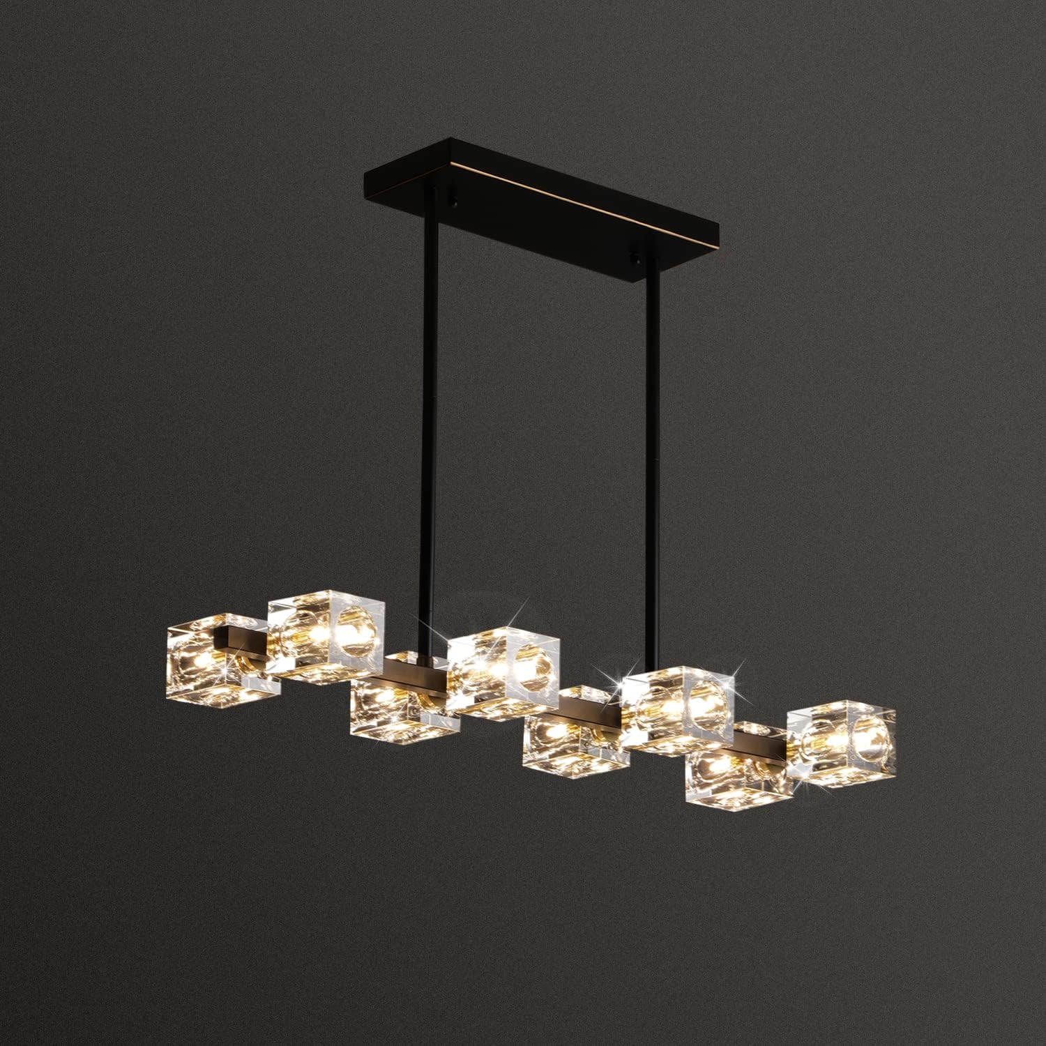 Modern Crystal Chandelier for Dining Room,Black and Gold Pendant Lights Fixture with 8-Lights,Adjustable Height Hanging Ceiling Light for Kitchen Island,Bedroom,Over Table,Living Room