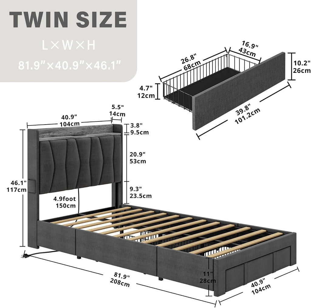 ANCTOR Twin Bed Frame with 3 Drawers, Upholstered Platform Bed with Storage Headboard and Charging Station, No Box Spring Needed, Easy Assembly, Grey