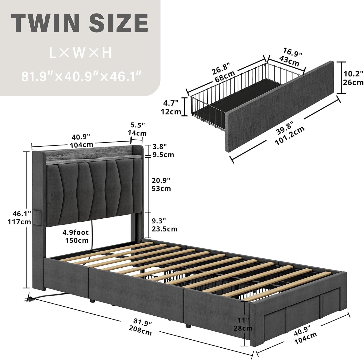 ANCTOR Twin Bed Frame with 3 Drawers, Upholstered Platform Bed with Storage Headboard and Charging Station, No Box Spring Needed, Easy Assembly, Grey