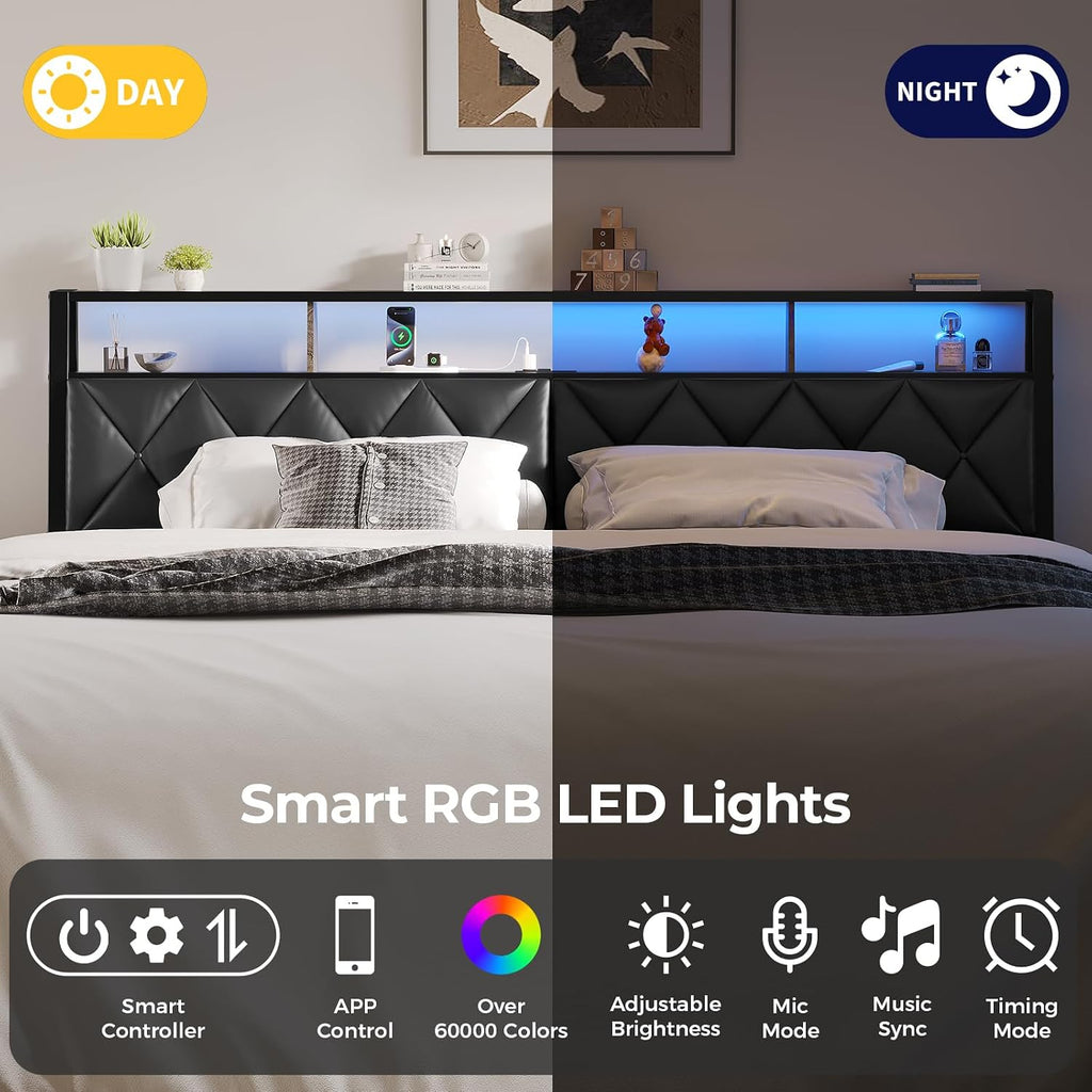 Queen Headboard Only, Headboard for Queen Size Bed with Storage, Upholstered Headboards with LED Lights & Charging Station, Attach Frame, Ideal for Bedroom/Dorm/Guest Room, Black, Faux Leather