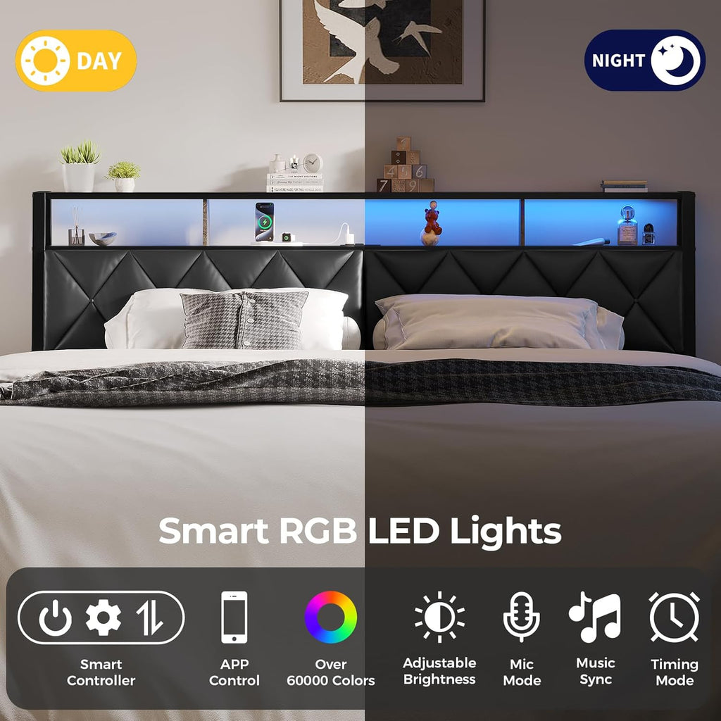 King Headboard Only, Headboard for King Size Bed with Storage, Upholstered Headboards with LED Lights & Charging Station, Attach Frame, Ideal for Bedroom/Dorm/Guest Room, Black, Faux Leather