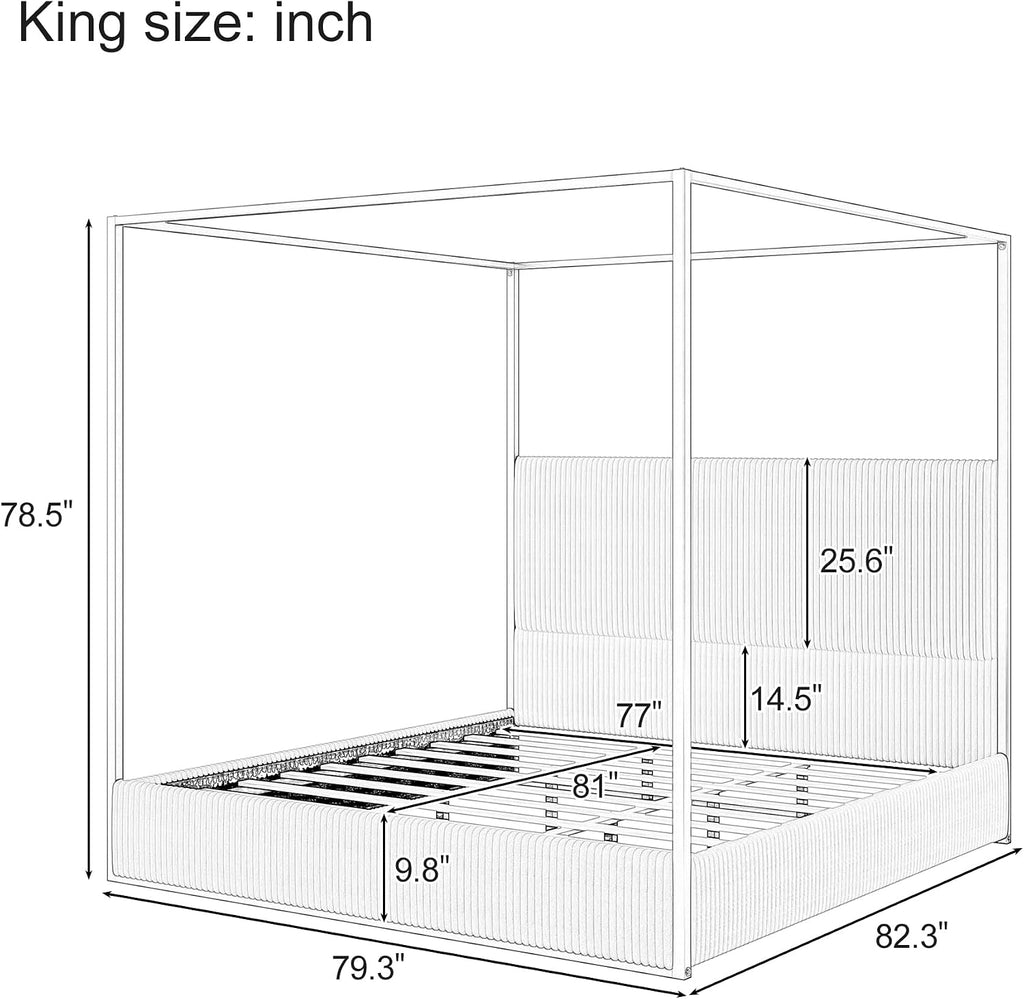 King Size Canopy Bed with Tall Upholstered Channel Headboard, Metal 4 Poster Upholstered Bed, No Box Spring Needed (Black+Cream, King//)