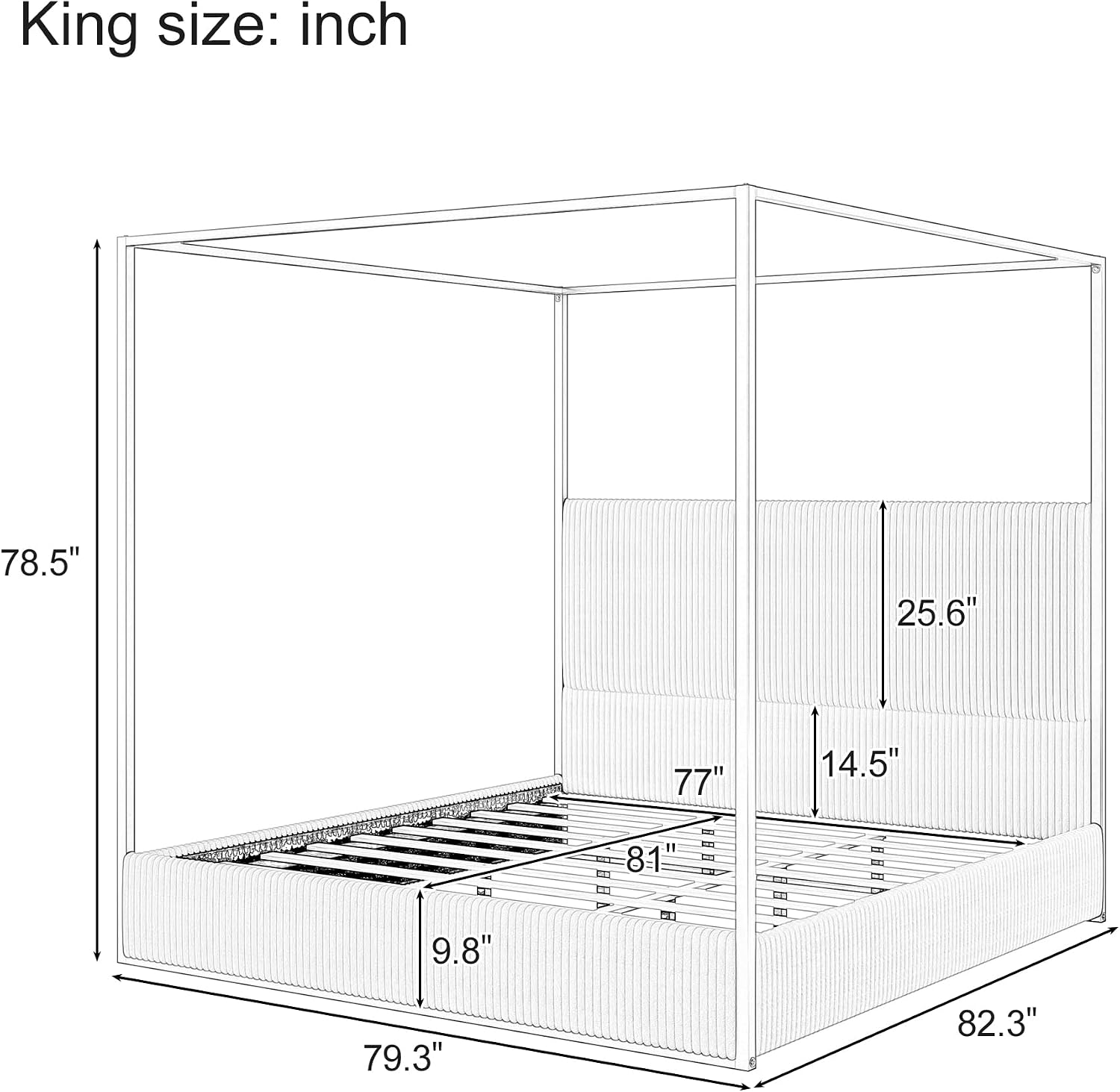 King Size Canopy Bed with Tall Upholstered Channel Headboard, Metal 4 Poster Upholstered Bed, No Box Spring Needed (Black+Cream, King//)