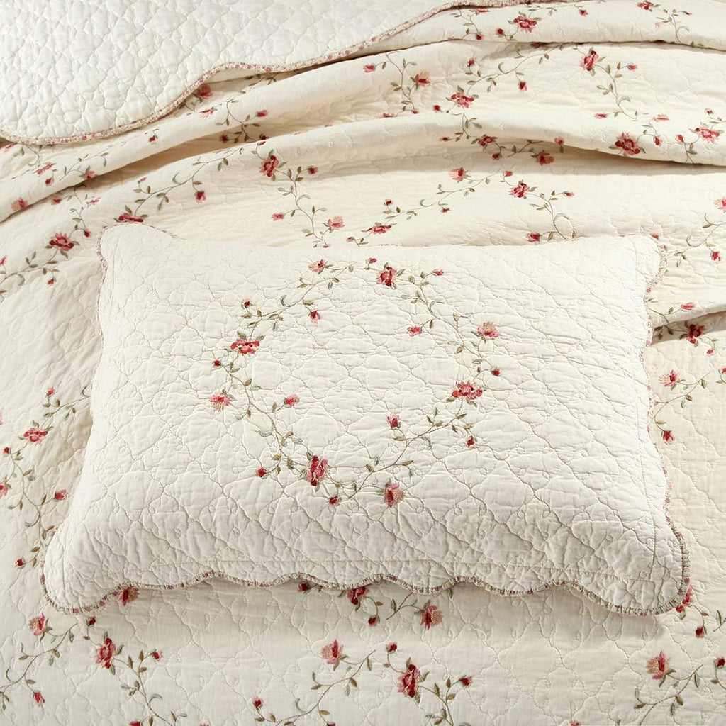 vctops 3-Piece Floral Embroidered Bedspread Coverlet Set King Size 100% Cotton Reversible Patchwork 1 Quilt and 2 Pillow Shams (Flower,King)