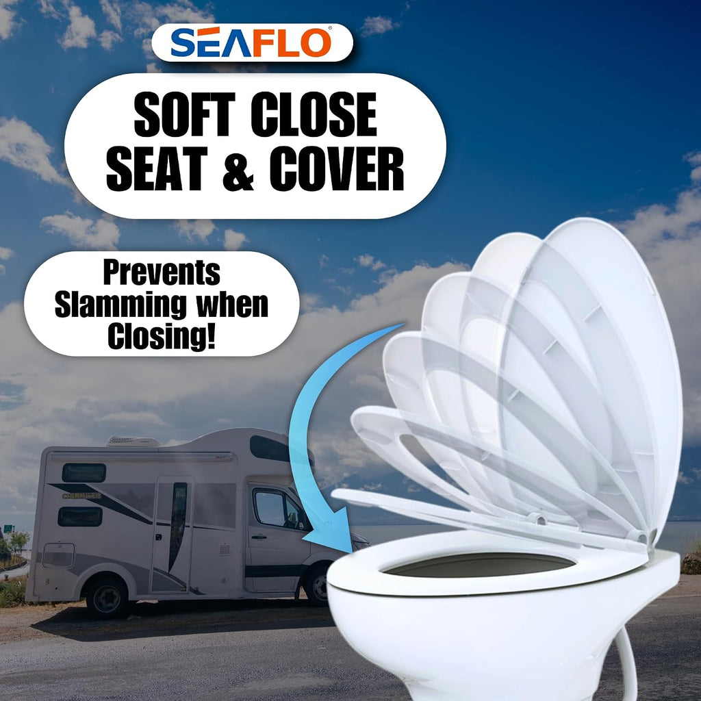 SEAFLO Porcelain RV Toilet with Sprayer Attachment - Elongated Bowl 19' Inch Residential Height, Gravity Flush, Foot Pedal Soft Close Seat Camper Motorhome Easy Install 4 -year Warranty SFRTCH-02-02