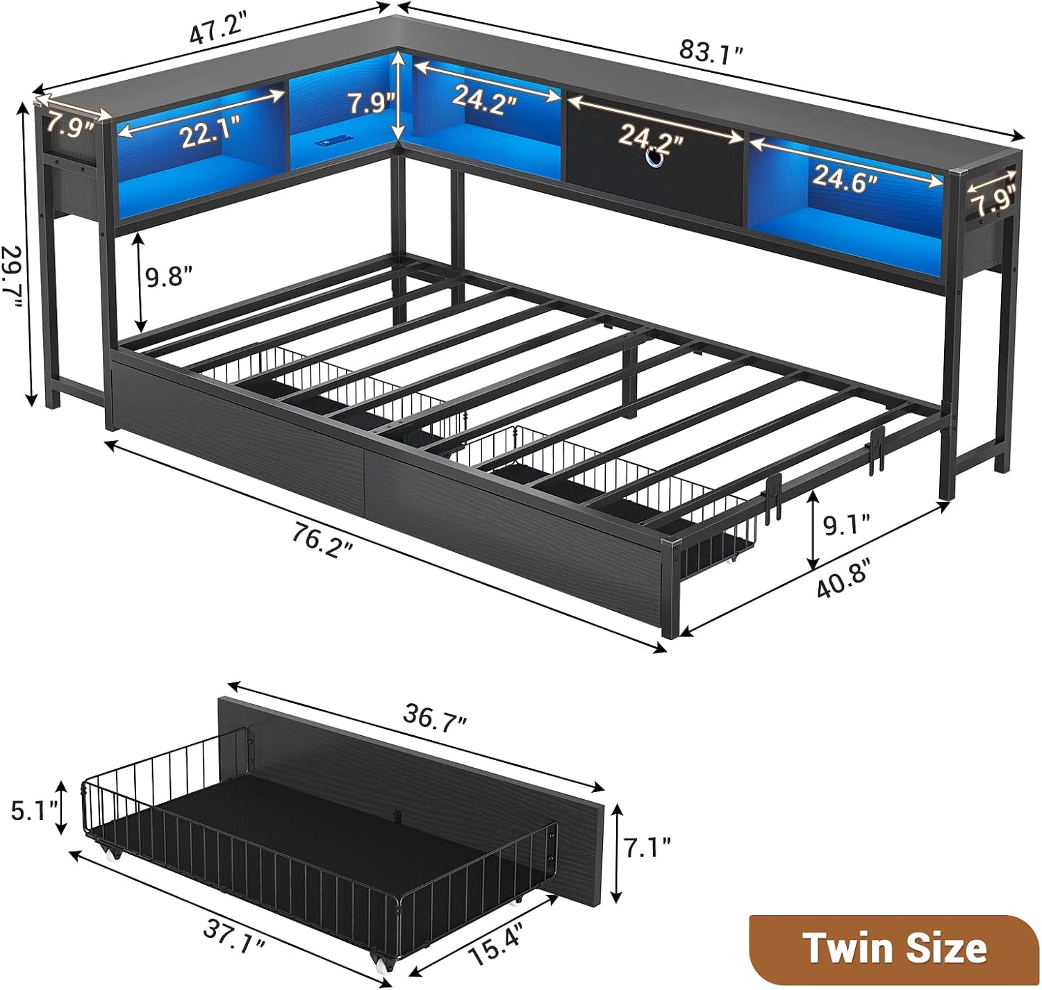 Hasuit Twin Corner Bed Frame with Storage Drawers and Bookcase Headboard, Twin Size Metal Platform Corner Bed Frame with Charging Station and LED Lights, Twin Daybed for Kids Teens Guests, Black