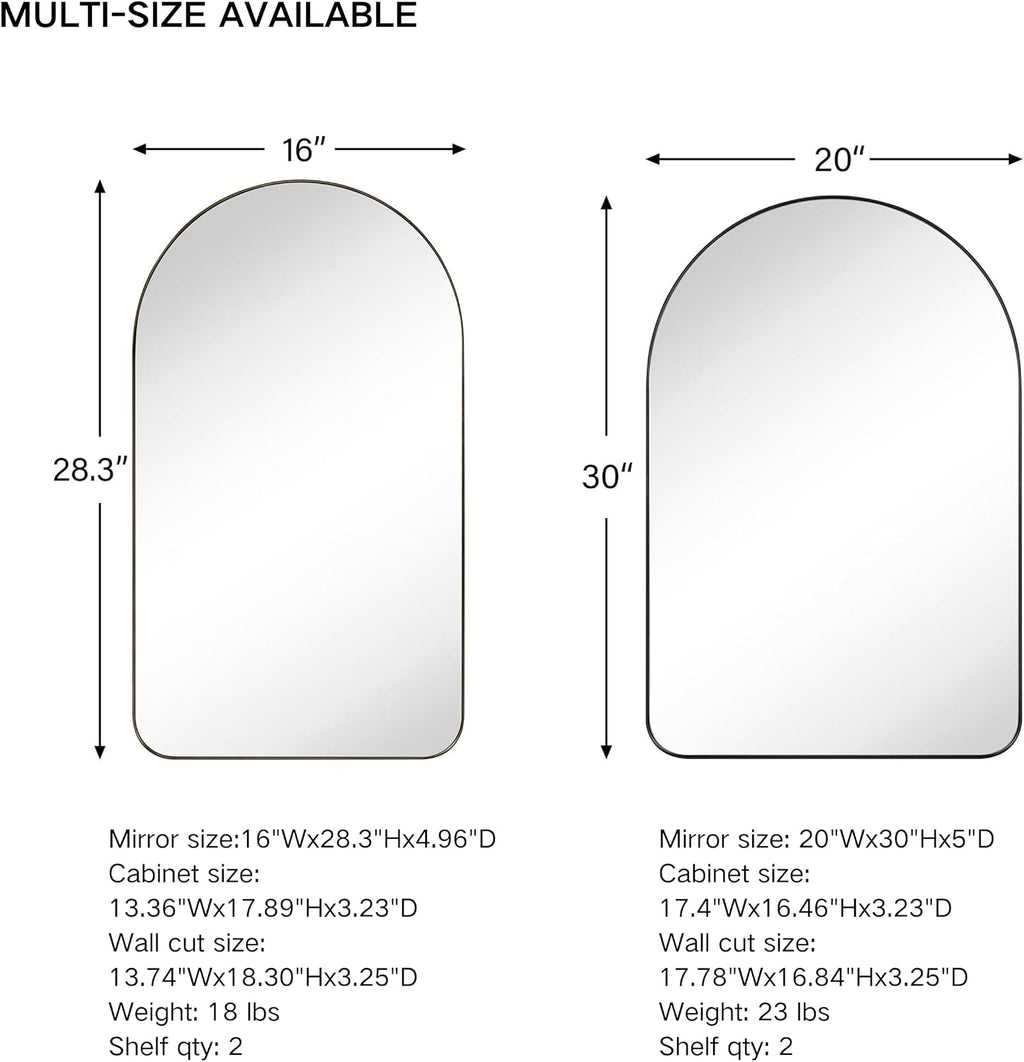 Matt Black Arched Recessed Bathroom Medicine Cabinet with Mirror Stainless Steel Metal Framed Rectangular Bathroom Cabinet with Mirror 20x30''