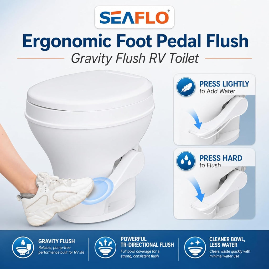 SEAFLO RV Toilet, Residential Height 18.4', Gravity Flush Foot Pedal, Soft Close Seat, Camper Toilet for RV Motorhome Travel Trailer, White, SFRTPH-01-01, 4-Year Warranty