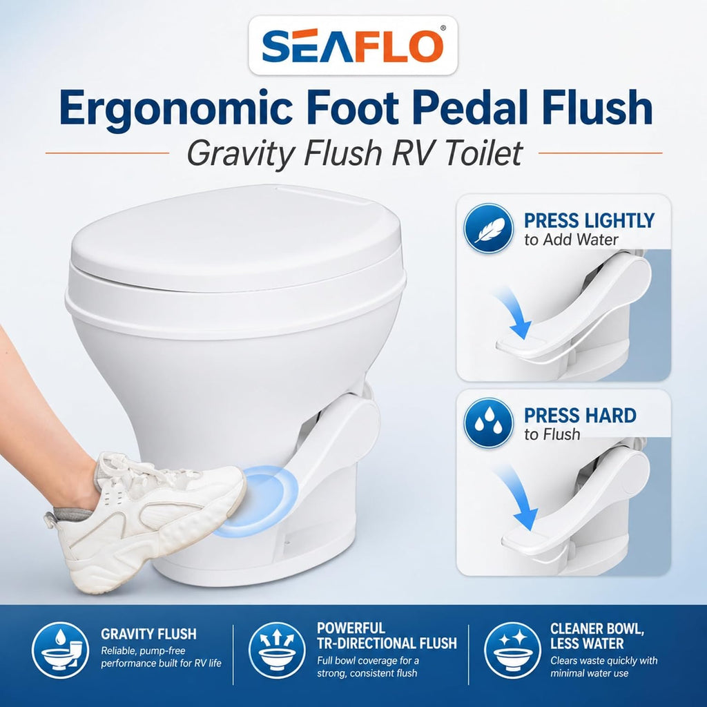 SEAFLO RV Toilet with Sprayer Attachment - White, 18.4' Residential Height, Gravity Flush Foot Pedal Camper Toilet Soft Close Seat Elongated Bowl Motorhome, 4-Year Warranty, SFRTPH-01-02