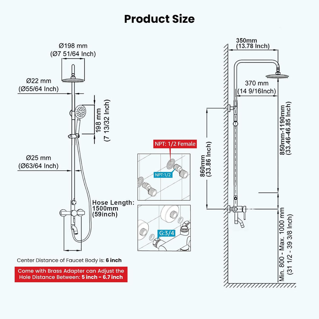 gotonovo Shower faucet Set Matte Black Triple Function with Adjustable Hand Sprayer and Tub Spout SUS 304 Stainless Steel 8 Inch Rainfall Shower Head Bathroom Shower Fixture Wall Mount Complete Set