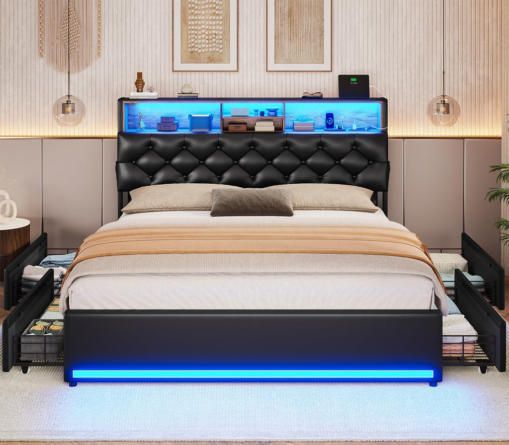 BTHFST Queen Bed Frame with 4 Drawers & Hidden Storage Headboard, LED Bed Frame Queen Size with Charging Station, Upholstered Bed with Metal Slats, No Box Spring Needed, Black PU