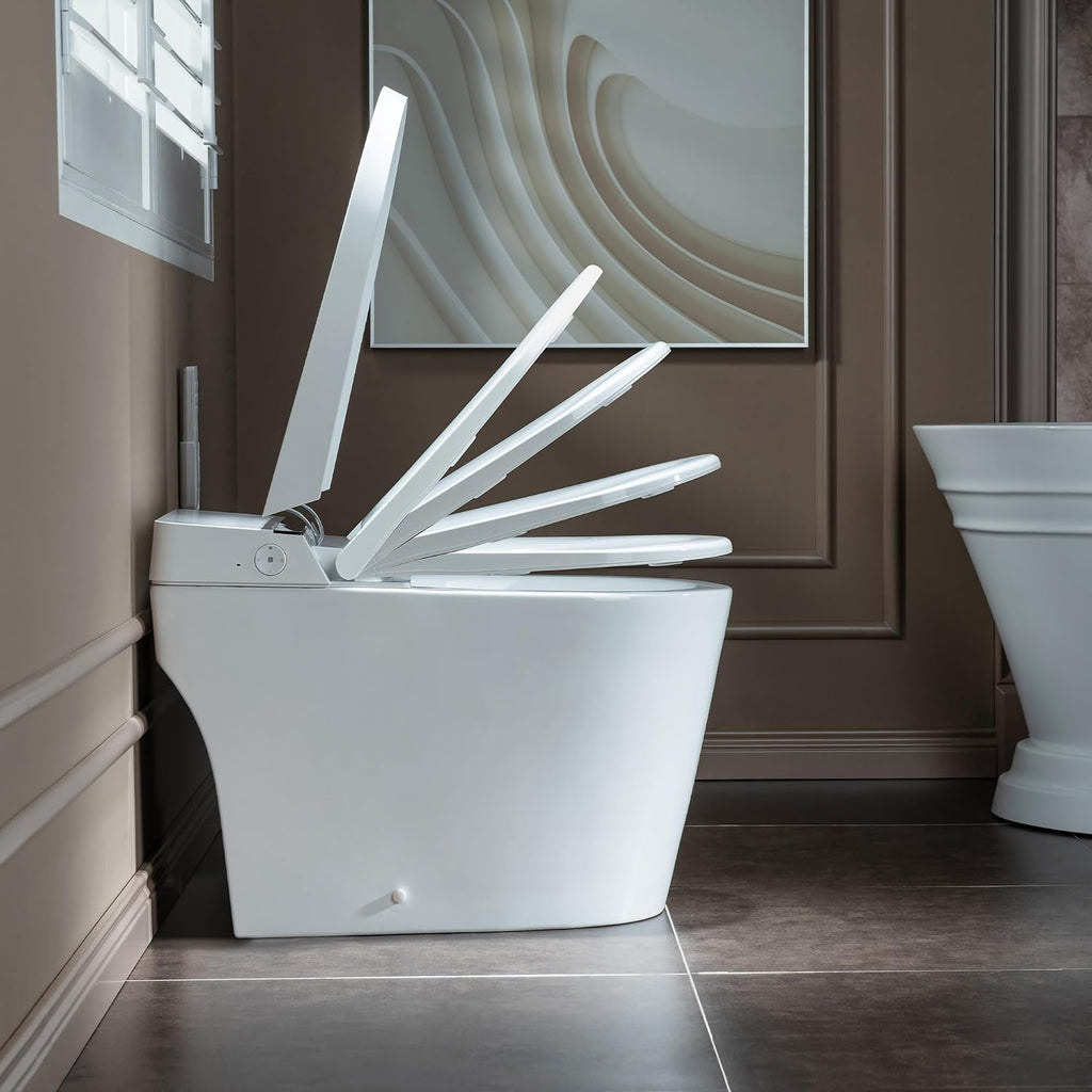 WOODBRIDGE B0990S One Piece Elongated Smart Toilet Bidet with Auto Open & Close, Auto Flush, Foot Sensor Flush, LED Temperature Display, Heated Seat and Integrated Multi Function Remote Control, White