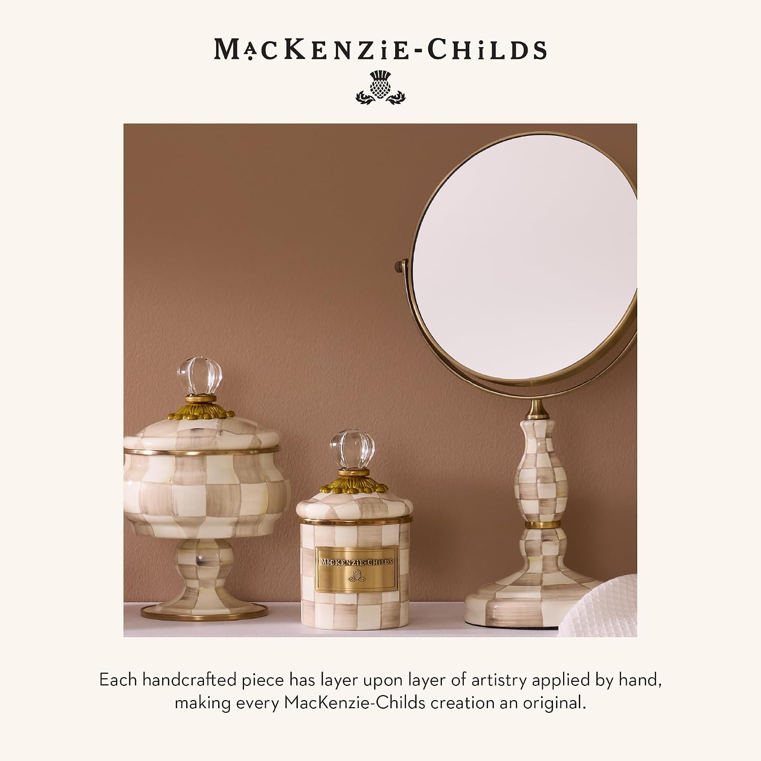 MACKENZIE-CHILDS Enamel Toilet Tissue Storage, Decorative Toilet-Paper Holder Stand for Bathroom, Brown-and-White Mocha Check