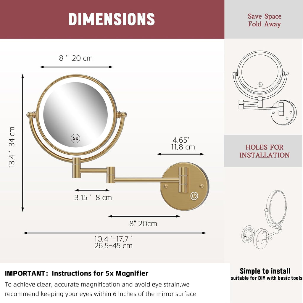 8' Rechargeable Brass 1X/5X Makeup Magnifying Mirror Wall Mount with Light, Upgraded 3-Colors Bright LED Touch Dimmable Extended Arm 360 Rotation for Bathroom, Brushed Modern Brass