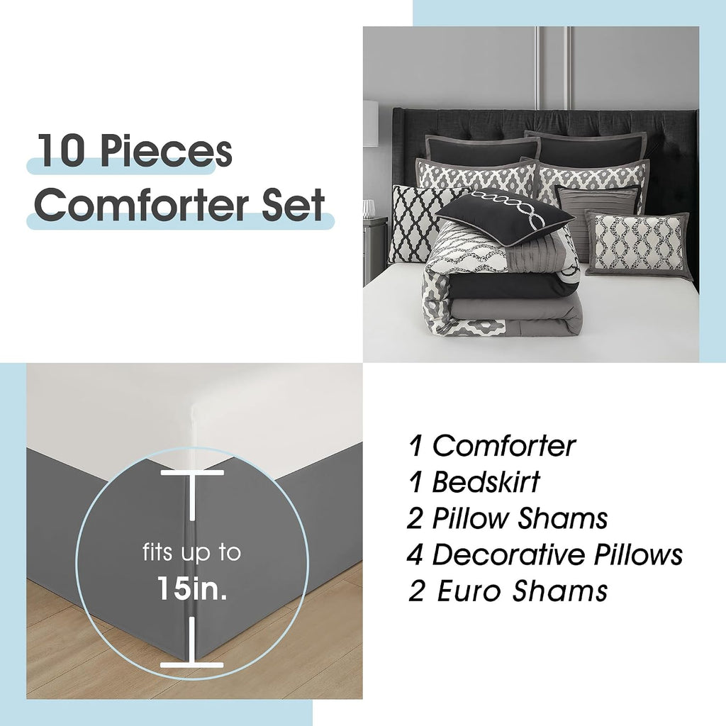LANCO MODERN LIFESTYLE King Size Comforter Set, Black, 10 Piece Bed in a Bag for All Seasons, Luxury Extreme Comfort Bedding Sets with Bedskirt, Pillow Shams, Euro Shams and Decor Pillows