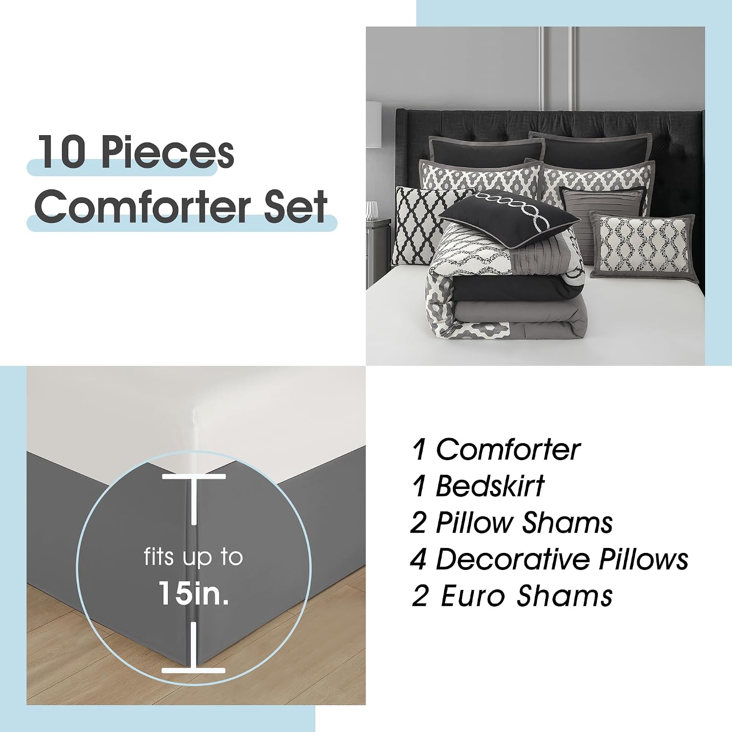 LANCO MODERN LIFESTYLE King Size Comforter Set, Black, 10 Piece Bed in a Bag for All Seasons, Luxury Extreme Comfort Bedding Sets with Bedskirt, Pillow Shams, Euro Shams and Decor Pillows