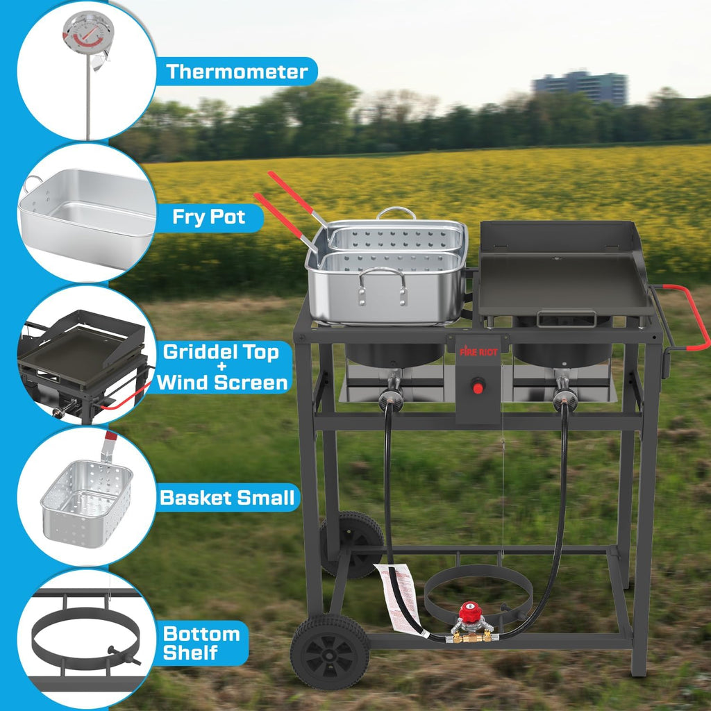 FIRE RIOT Outdoor Propane Deep Fryer and Griddle Combo, Portable 2-in-1 Cooking Station with Double Burner Propane Stove and Wheels, Ideal for Outdoor BBQ, Camping, and Tailgating