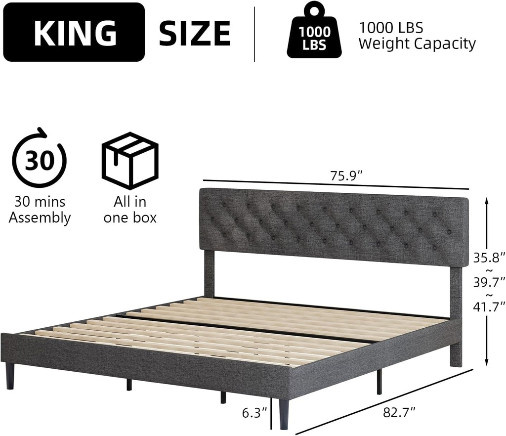 BarnFurin King Size Platform Bed Frame, Fabric Upholstered Bed with Button Tufted Headboard, Adjustable Headboard Design, Easy Assembly, No Box Spring Required, Dark Grey