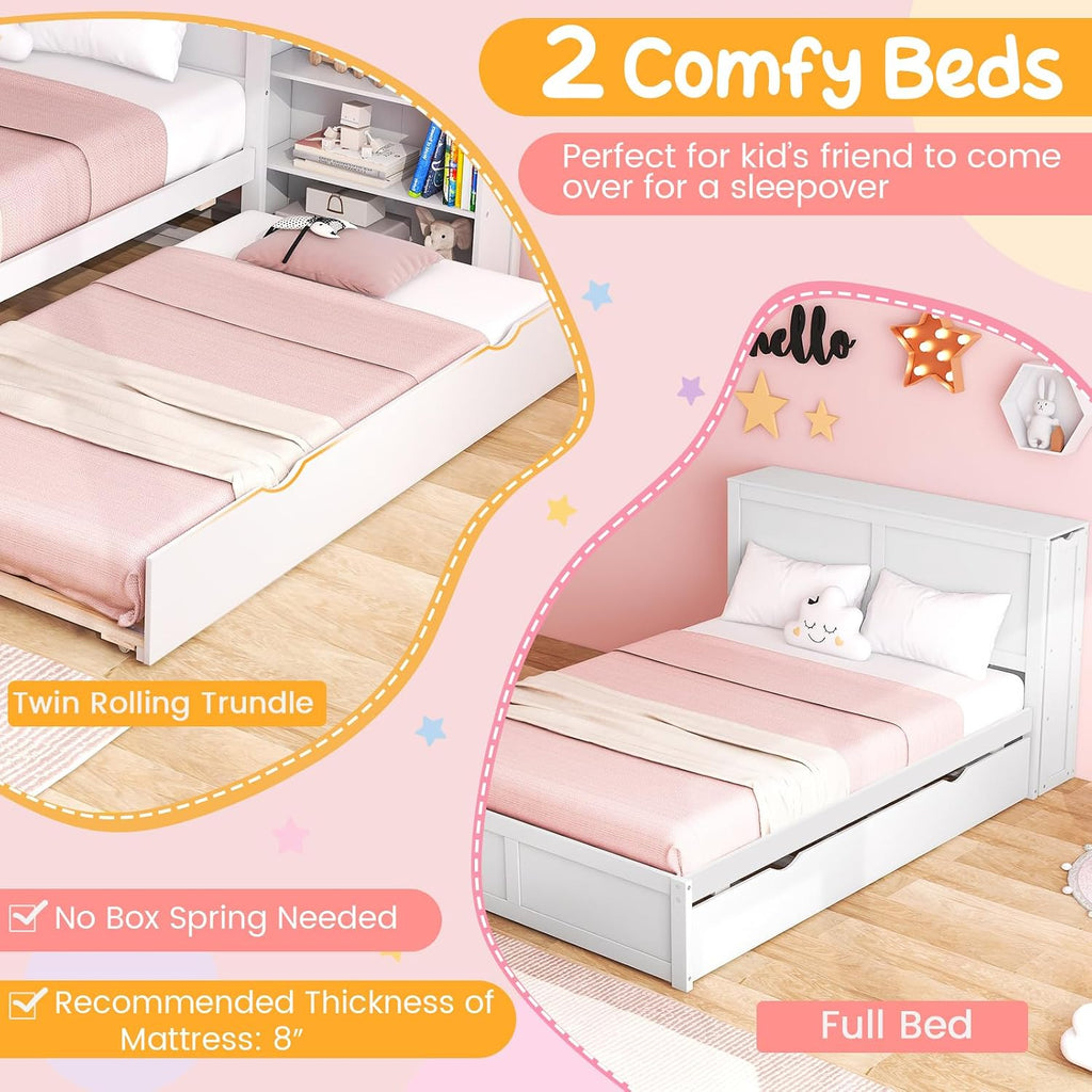 Giantex Full Size Bed Frame with Twin Trundle, Wooden Storage Platform Bed with 2 Rolling Bookcases & Headboard, Full Bed Frames for Kids, No Box Spring Needed, White