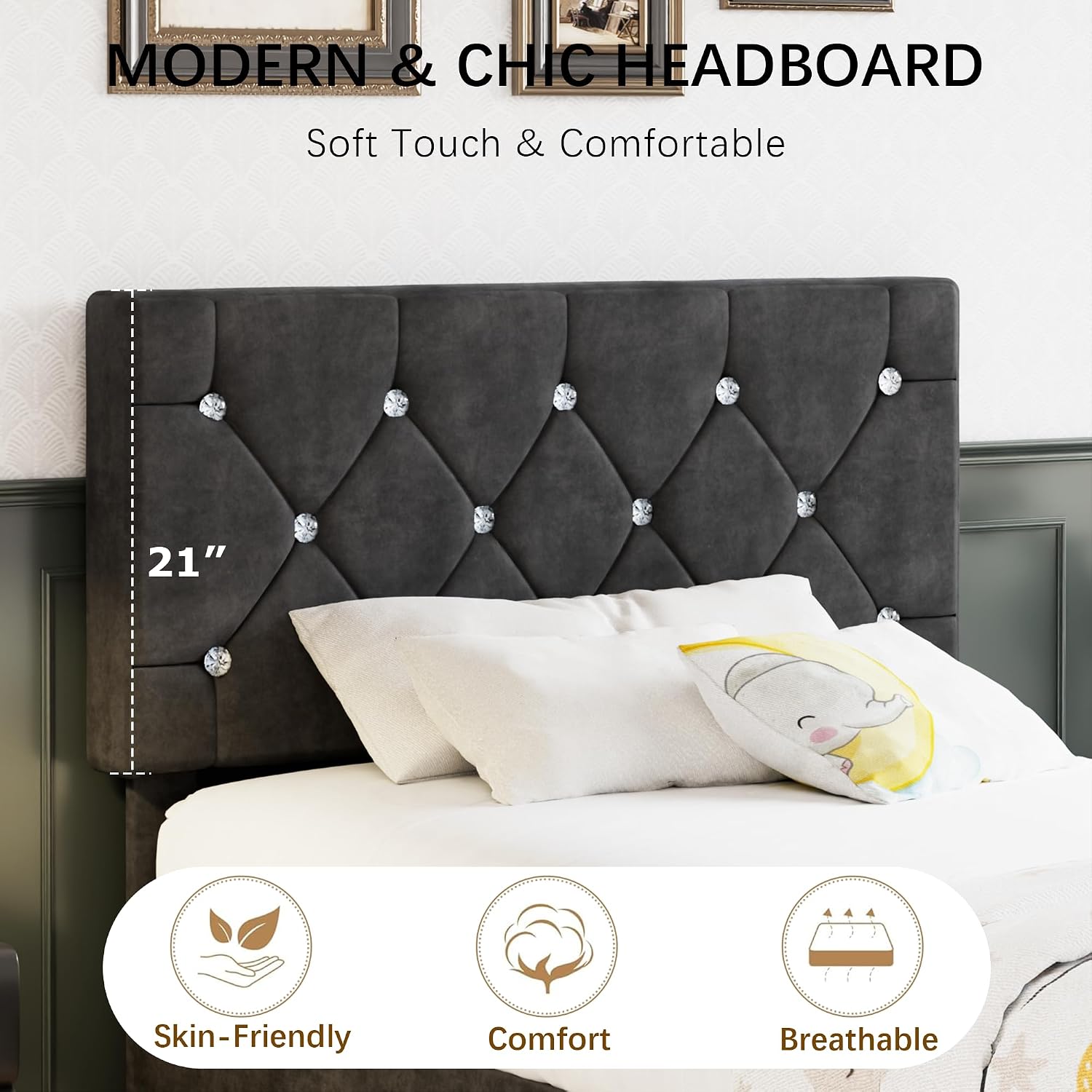 VECELO Twin Size Bed Frame, Upholstered Platform with Adjustable Diamond Tufted Headboard, Wood Slat Support, No Box Spring Needed, Velvet & Black
