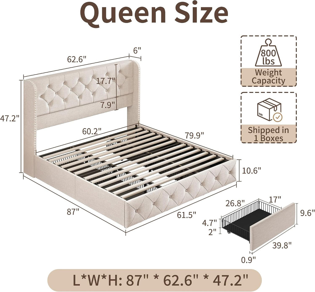 BRELTAM Queen Size Bed Frame with Storage Drawers and Wingback Headboard Linen Upholstered Platform Bed Frame Tufted Beds with Heavy Duty Wood Slats, Noise Free, Easy Assembly, Beige