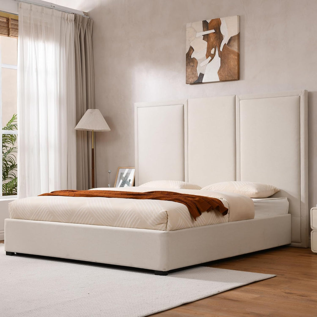 YUHUASHI King Size Bed Frame with 64-inch High Headboard, Simple and Airy Linen Upholstered Platform Bed with Storage Drawers, Wood Slat, No Noise (Beige, King(Hydraulic Lift))