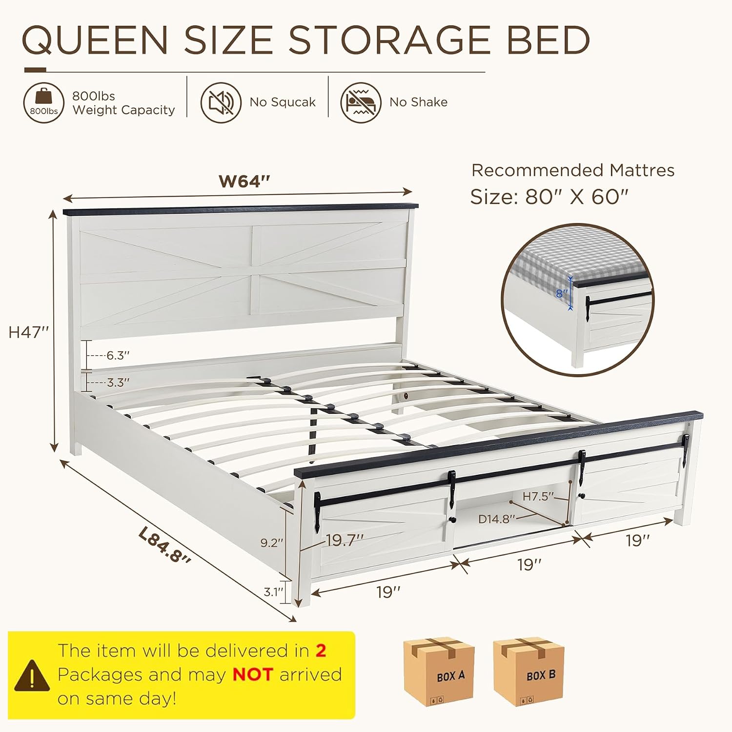 JXQTLINGMU Farmhouse Queen Size Bed Frame with 47' Tall Headboard, Wood Queen Bed Frame with Storage Cabinet, Solid Wood Slats Support, Noiseless, No Box Spring Needed (Antique White)