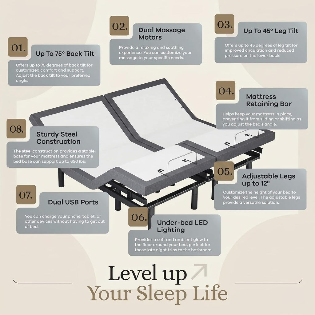 Sven & Son Classic Adjustable Bed Base, Head and Foot Lift, Massage, Under-Bed Lights, USB, Gel Memory, Zero Gravity Smart Frame - King + 12 inch Memory Foam Matt (Medium)