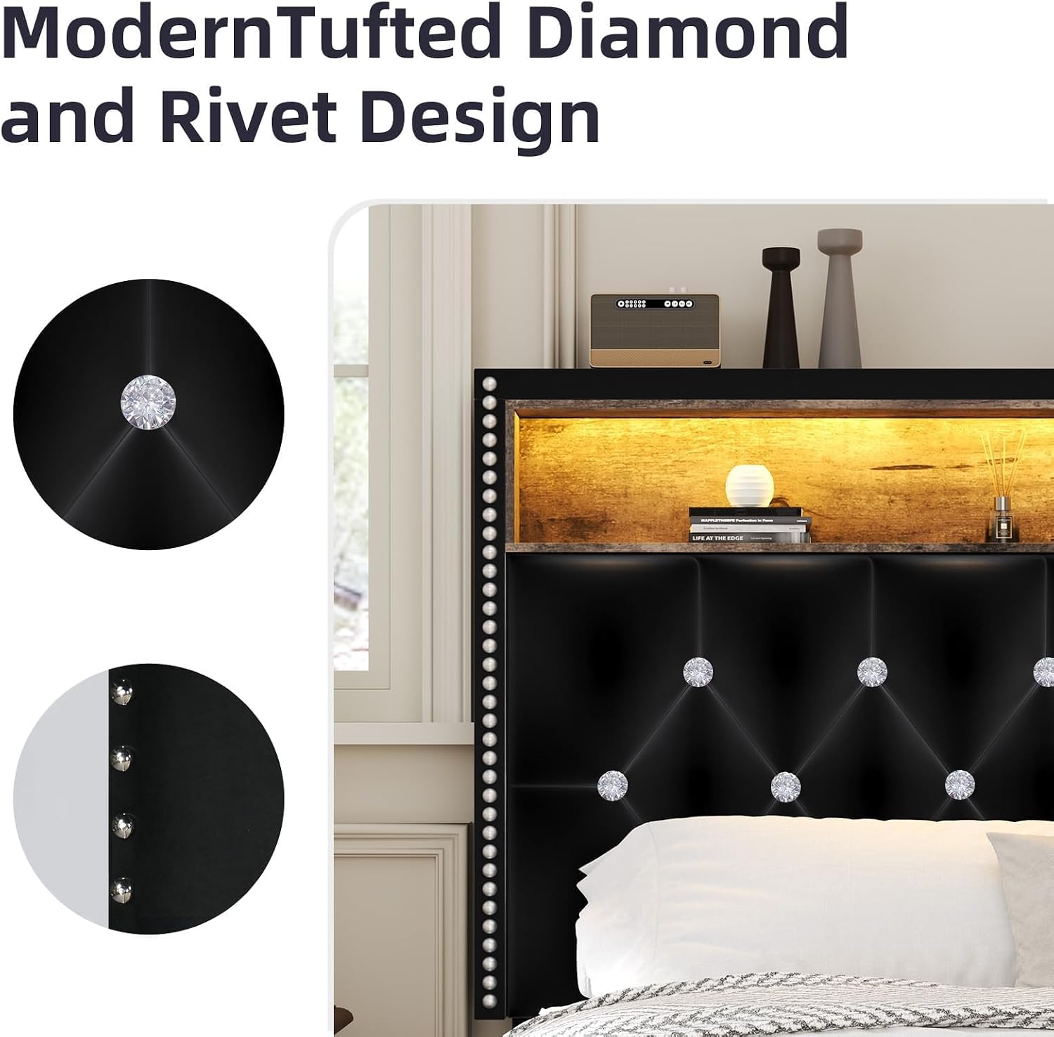 HOMBCK Queen Size Bed Frames with LED Lights and Headboard, Velvet Upholstered Beds Frames Queen with Charging Station and Storage, Modern Diamond and Rivet Design, No Box Spring Needed, Black