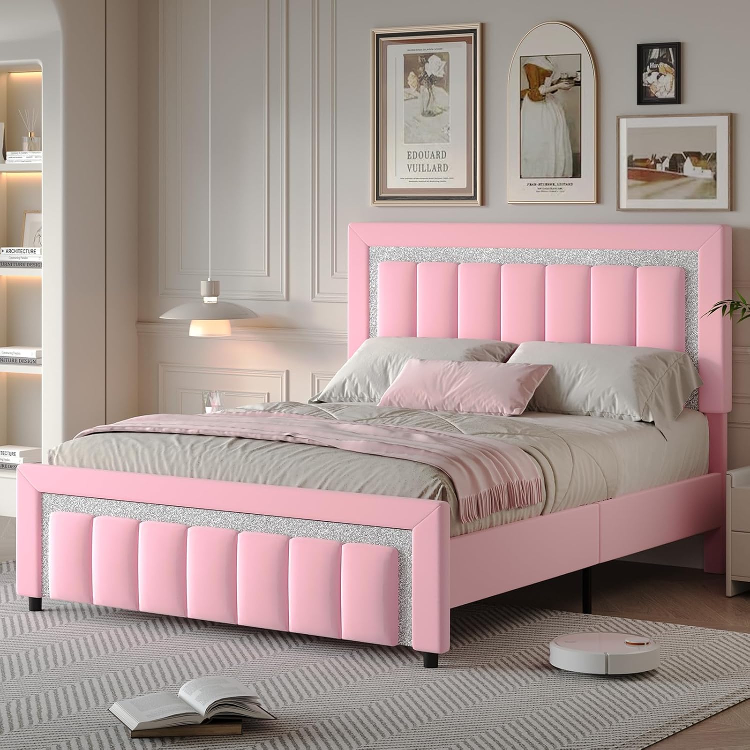 HOMBCK Full Size Bed Frame with Diamond Headboard, Full Bed Frame with Velvet Headboard and Footboard, Upholstered Platform Bed with Wooden Slats, No Box Spring Needed, Easy Assembly, Pink