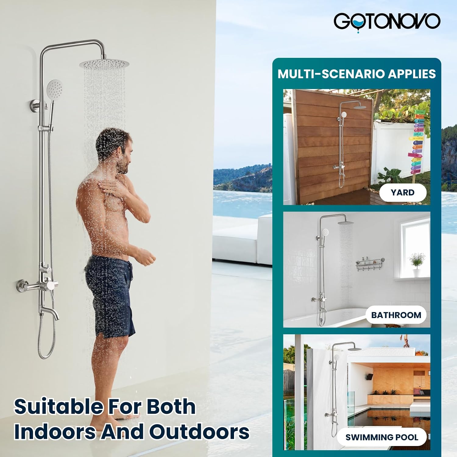 gotonovo Stainless Steel SUS304 Silver Shower faucet Set Wall Mount Triple Function Shower System 8 inches Shower Head Bathroom Adjustable Hand Spray Rainfall Brushed Nickel Shower Faucet Complete Set