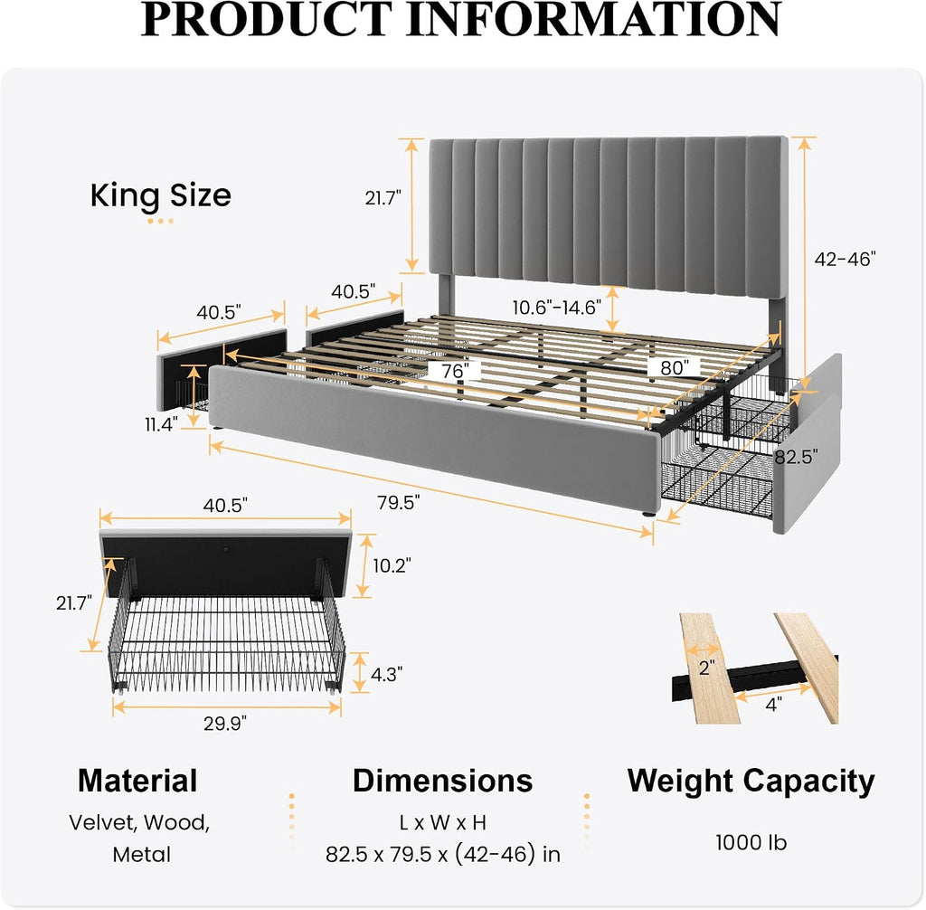 SHA CERLIN King Size Platform Bed Frame with 4 Storage Drawers, Vertical Channel Tufted Adjustable Headboard, Velvet Upholstered, Wooden Slats Support, No Box Spring Needed, Easy Assembly, Grey