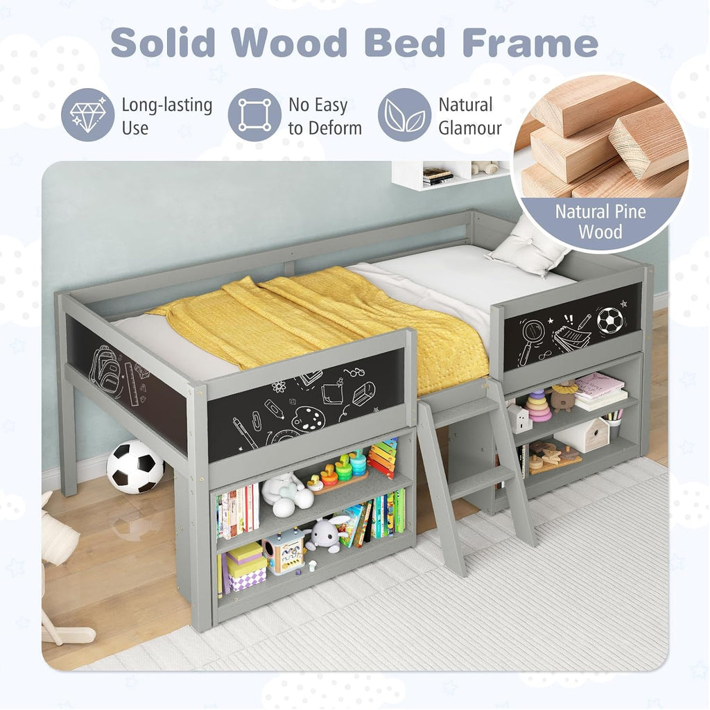 Giantex Low Loft Bed Twin Size, Wooden Loft Bed with Ladder & Blackboard, Twin Bed Frames for Kids with Storage 2 Bookcases and Play Space, Grey