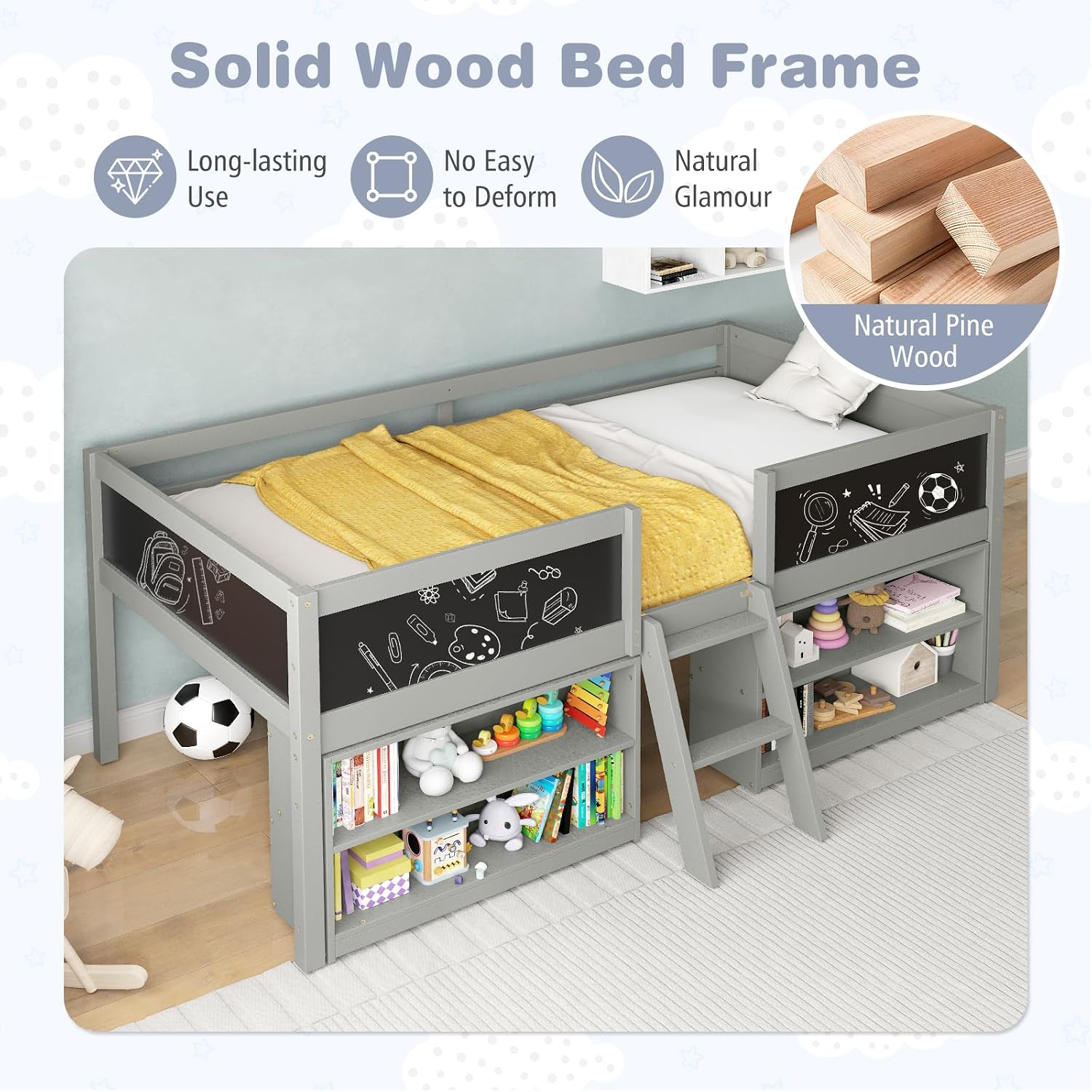 Giantex Low Loft Bed Twin Size, Wooden Loft Bed with Ladder & Blackboard, Twin Bed Frames for Kids with Storage 2 Bookcases and Play Space, Grey