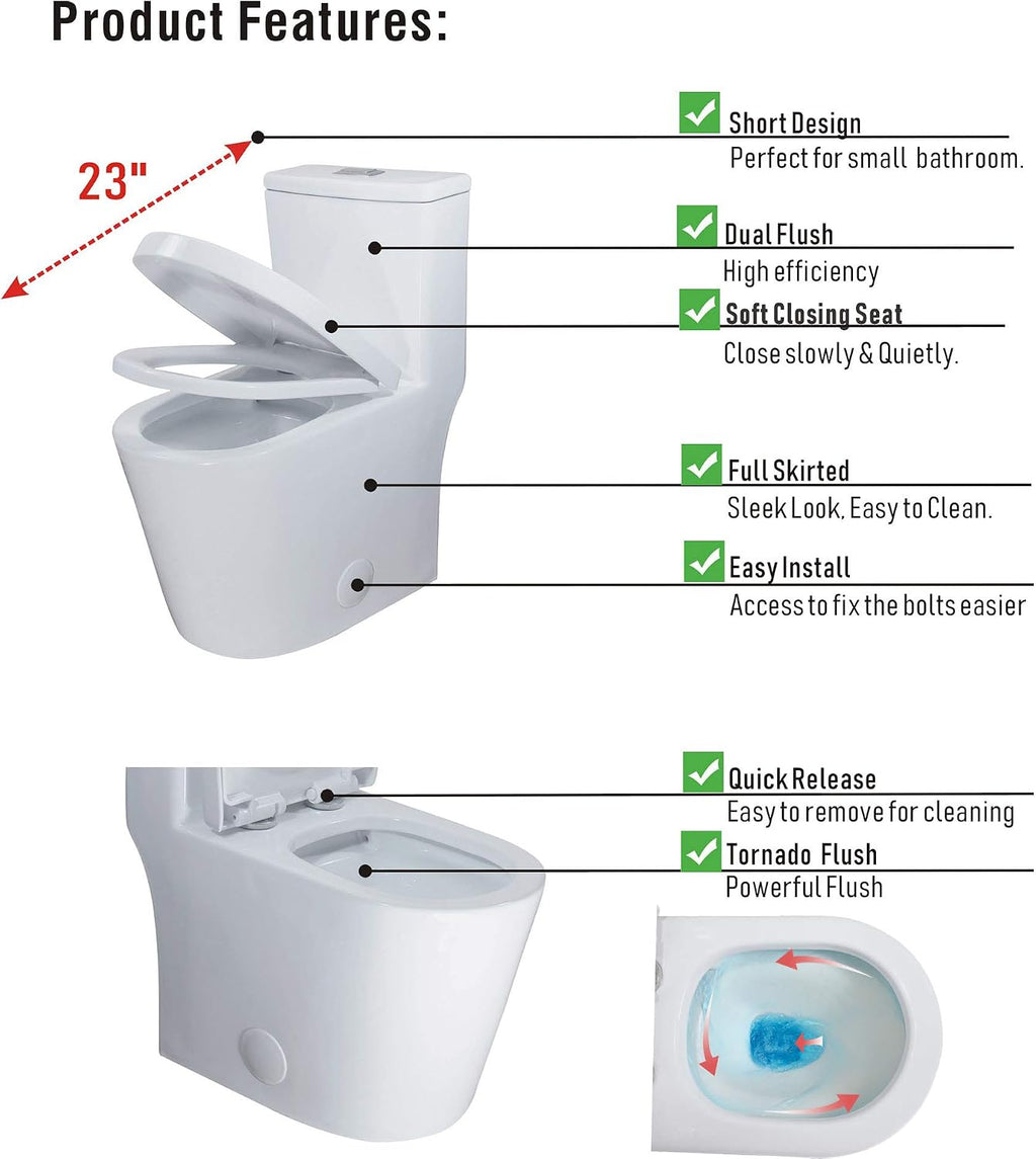 WinZo WZ5089 Compact Round One Piece Toilet 23' Depth,Dual Flush For Small Modern Bathroom 12' Rough-in White