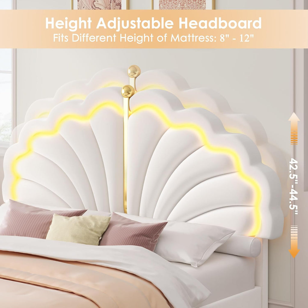 Keyluv Full Princess Bed Frame with Storage Drawers, Soft Velvet Upholstered LED Platform Bed with Adjustable Modern Shell Headboard, No Box Spring Needed, Noise-Free, Beige